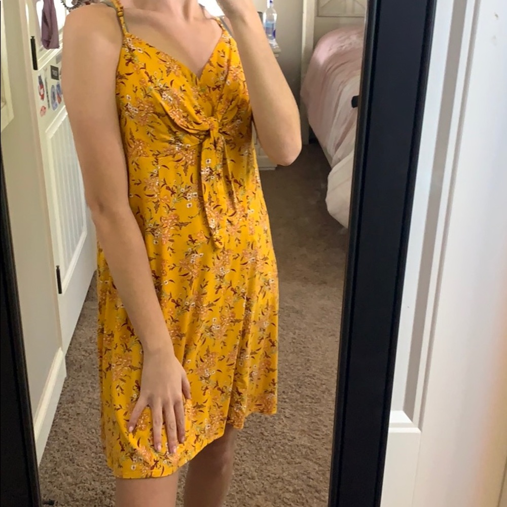 Yellow, Floral Dress with Front Tie & Back Zipper